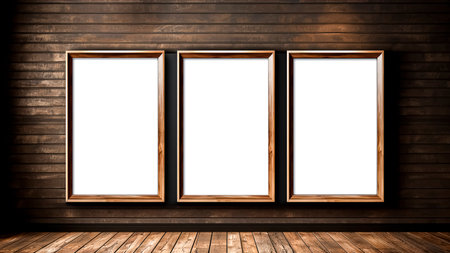 Three blank wooden frames on wooden wall. Mockup.の素材
