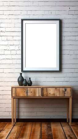 Poster frame on wall with vintage wooden chest of drawers. Mockup.の素材