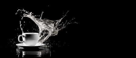 Cup of coffee with splashes of water on a black background with copy space.の素材