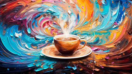 Cup of coffee on colorful abstract background. Acrylic painting.の素材