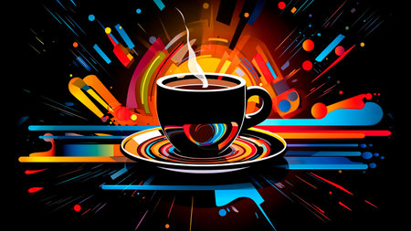 Coffee cup on abstract colorful and geometric patterns background.の素材