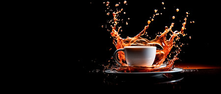 A cup of coffee with splash and drops on a black background with copy space.の素材