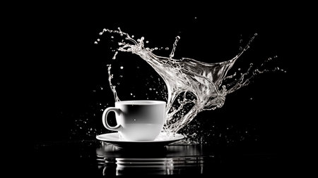 Cup of coffee with splashes of water on a black background.の素材