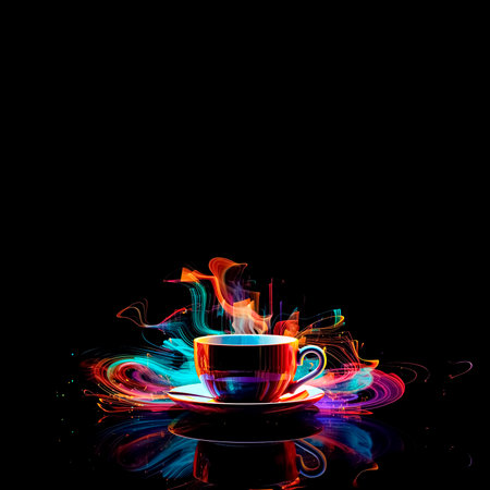 Cup of coffee on a black background with abstract digital glitch art and colorful smoke. Copy space.の素材