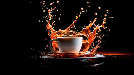 A cup of coffee with splash and drops on a black background.の素材