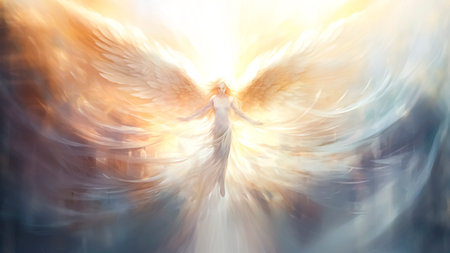 Guardian angel with white angelic wings hovering mid-air. Abstract background.の素材