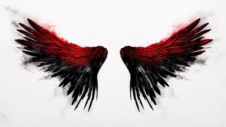 A pair of red and black angel wings on a white background.の素材
