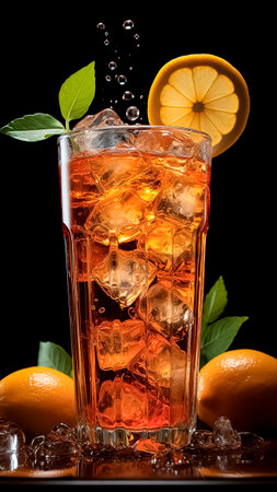 Iced tea with ice cubes, lemon and green leaves. Refreshing drink concept.の素材