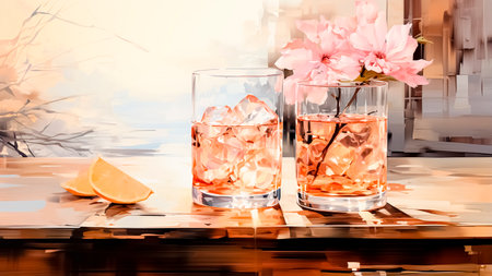 Alcoholic cocktails with ice cubes and pink flowers on a table. Abstract watercolor painting. Refreshing drink concept.の素材