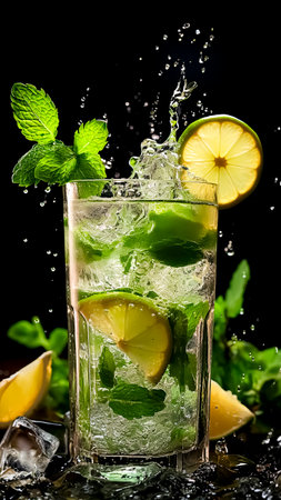 Mojito cocktail with lime, mint and ice on black background. Refreshing summer drink concept.の素材