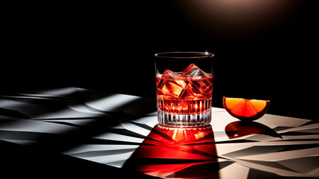 Cocktail with ice cubes and orange slice on a black background. Refreshing drink concept.の素材