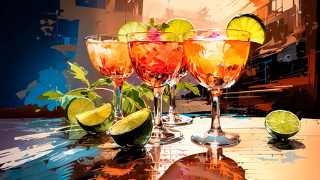 Cocktails with lime and ice on the bar counter. Abstract watercolor painting. Refreshing drink concept.の素材