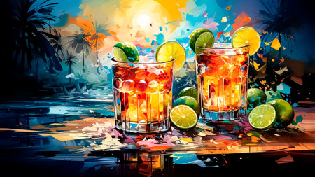 Tequila sunrise cocktail with lime and ice on tropical background. Abstract watercolor painting. Refreshing drink concept.の素材