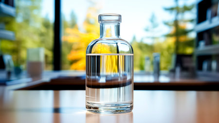 Glass bottle of water on a table in a living room with a window in the background.の素材