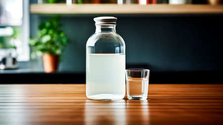 Glass bottle of vodka and a glass of water on a wooden table.の素材
