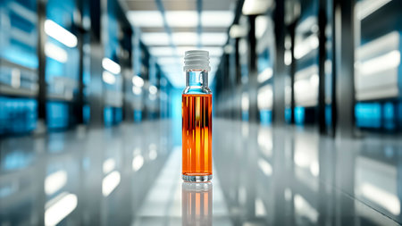 Glass ampoule with orange liquid on the background of the corridor. Science concept.の素材