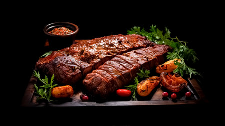 Grilled beef steak with vegetables on wooden board. BBQ concept.の素材