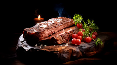 Roast beef with cherry tomatoes on a wooden board. BBQ concept.の素材