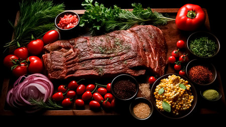 Roast meat with herbs, spices and vegetables on wooden board. Top view. Flat lay. BBQ concept.の素材