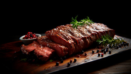 Grilled beef steak with herbs and spices on a black background. BBQ conceptの素材