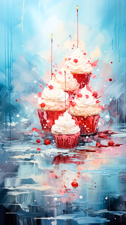 Cupcakes with whipped cream and cherries on the table. Watercolor Digital painting.の素材