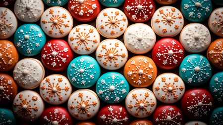 Colorful Christmas cookies background. Holiday background. Merry Christmas. Happy Christmas.の素材