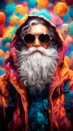 Portrait of a modern and stylish Santa Claus wearing sunglasses. Abstract background. Christmas concept.の素材