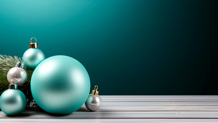 Christmas ornaments on a green background with copyspace. Christmas and New Year concept.の素材