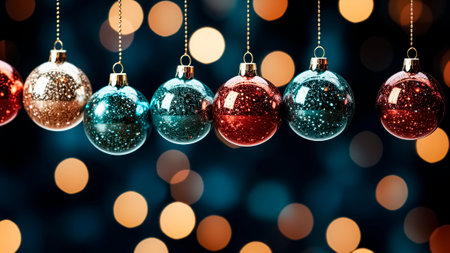 Colorful christmas baubles on bokeh background. Christmas and New Year concept.の素材