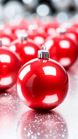 Christmas baubles on silver reflective background. Christmas and New Year concept.の素材