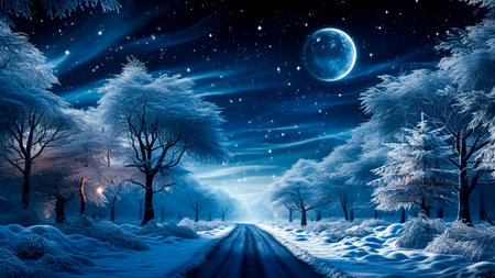 Winter landscape with road and trees covered with snow and full moon. Christmas landscape.の素材