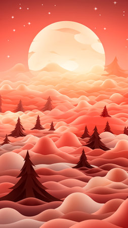 Winter landscape with full moon, mountains, fir trees. Minimalist Christmas illustration background.の素材