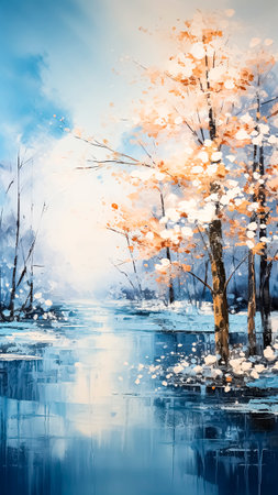 Winter landscape with frozen lake, trees and blue sky. Digital art painting. Christmas landscape.の素材