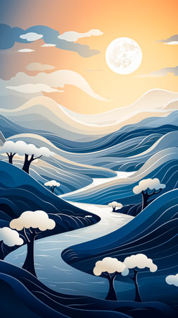 Landscape with mountains, river, trees and clouds. Minimalist Christmas landscape.の素材