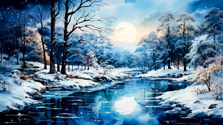 Winter landscape with snow covered trees, river and moon. Digital art painting. Christmas landscape.の素材