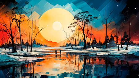Sunset over the lake in the winter forest. Digital painting illustration. Christmas concept.の素材