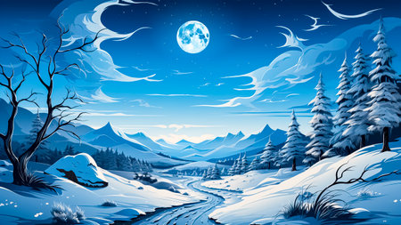 Winter landscape with mountains, forest and full moon. Christmas landscape.の素材