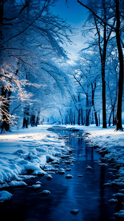Beautiful winter landscape with snow covered trees and river. Christmas landscape.の素材