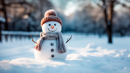 Funny snowman in winter forest. Christmas and New Year concept.の素材