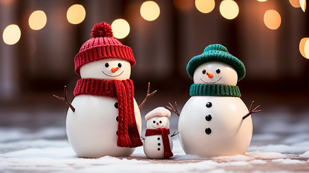Christmas snowman family in knitted hats and scarves. Christmas and New Year concept.の素材