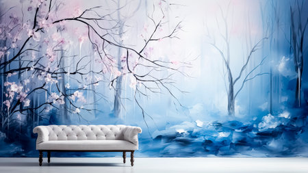 Sofa with an abstract art with cherry blossom in winter on the wall on background.の素材
