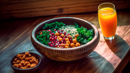 Healthy breakfast with quinoa, chickpeas and orange juice. Healthy food concept.の素材