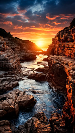Beautiful sunset over the ocean. Stunning coastal landscape.の素材