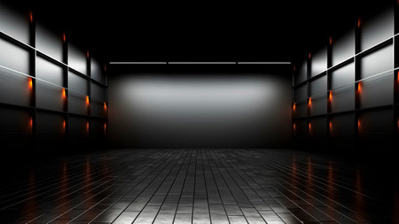 An empty room with glowing lights in the dark.の素材