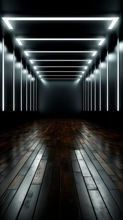 An empty room with white neon lights and wooden floor.の素材