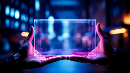 Close up of hands holding glass cube with glowing neon light.の素材