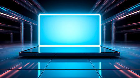 Glowing blue neon light frame abstract background with copy space.の素材