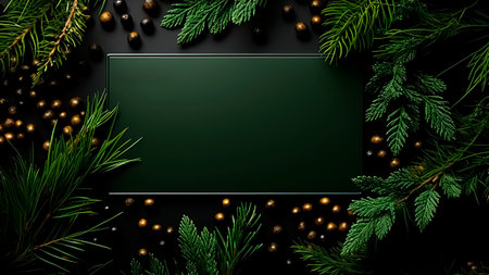 Christmas and New Year background with fir branches, pine cones, garland and blackboard.の素材