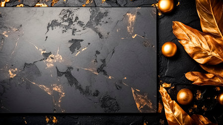 Luxury black blank marble background with golden leaves and golden balls. Copy space. Christmas concept.の素材