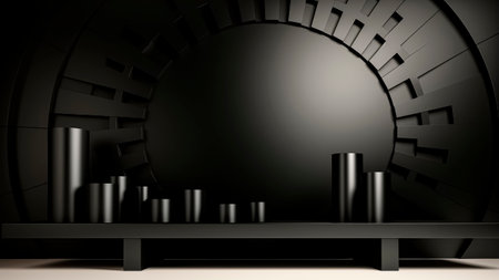 Black interior with bookshelf and black decor. Minimalist decor.の素材